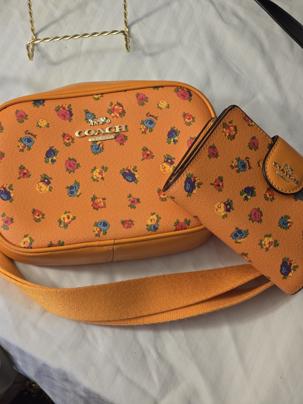 Coach Orange Floral Pebbled Leather Crossbody with Card Case